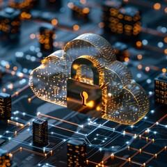 Sticker - Futuristic cityscape with minimalist cloud and metallic lock icon symbolizing data security