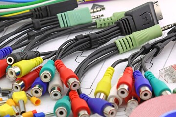 Poster - Cable with connectors for connecting audio and video equipment. Close-up.