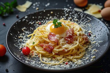 Wall Mural - A plate of pasta topped with an egg, great for a quick meal or food styling