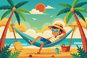 Poster - A cartoon illustration of a person relaxing in a hammock on a tropical beach, Sunbathe in a hammock Customizable Cartoon Illustration