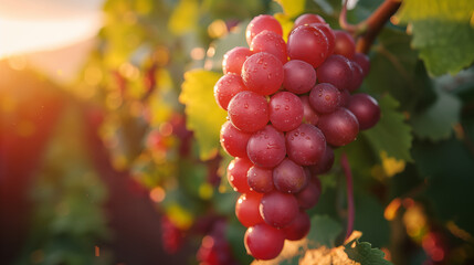 Wall Mural - Red Grapes Cluster ripening on vine in sunny vineyard, showcasing fresh fruit and agriculture