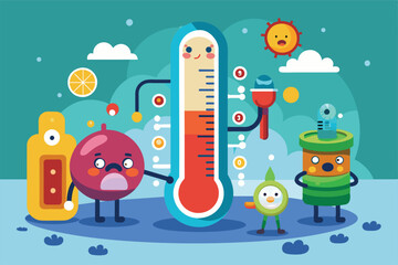 Poster - A smiling cartoon thermometer with red liquid inside stands with friends, a thermometer, a fan, and a fruit, Temperature measurement Customizable Cartoon Illustration