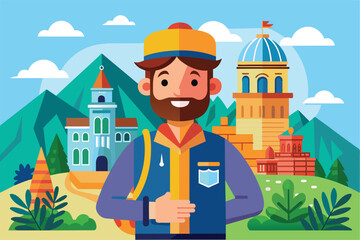 Sticker - Illustration of a smiling man with a beard in a blue jacket against a scenic city backdrop, Tour guide Customizable Semi Flat Illustration