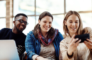 Wall Mural - Students, group and selfie at college, happy and diversity for education, learning and post on social media. Man, girl and friends with photography for memory with profile picture for study at campus