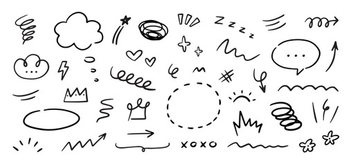 Poster - Hand drawn marker simple elements set. Grunge doodle underlines, icons, emphasis, speech bubbles, arrows and shapes. Vector illustration isolated on white background.