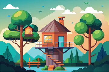 Poster - A charming treehouse nestled amongst lush trees and picturesque mountains, offering a peaceful escape, Tree house Customizable Semi Flat Illustration