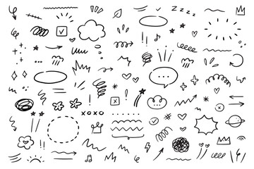 Poster - Hand drawn marker simple elements set. Grunge doodle underlines, icons, emphasis, speech bubbles, arrows and shapes. Vector illustration isolated on white background.