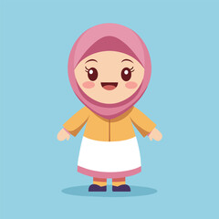 Poster - Vector illustration of a smiling Muslim girl wearing a pink headscarf and yellow jacket, Vector of a cheerful Muslim girl character with a simple cartoon flat design