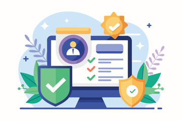 Poster - A flat illustration of an online profile with checkmarks and shields, representing secure and verified information, Verified Customizable Flat Illustration