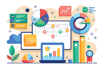 Poster - Data analysis and growth illustrated on laptop and desktop with charts, graphs, and metrics, Visual data Customizable Disproportionate Illustration