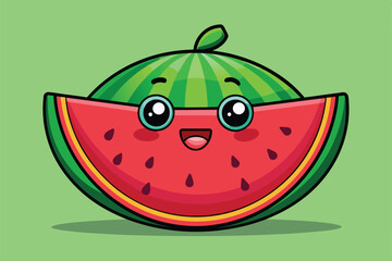 Poster - A cute cartoon watermelon with big eyes and a smile is depicted next to a sliced watermelon, Watermelon Customizable Cartoon Illustration