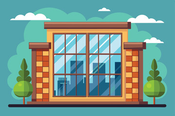 Poster - A semi-flat illustration of a building with a large window offering a view of a city skyline, Windows Customizable Semi Flat Illustration