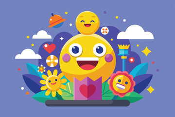 Poster - Flat illustration of a smiling emoji with a purple background, celebrating World Emoji Day, World emoji day Customizable Flat Illustration