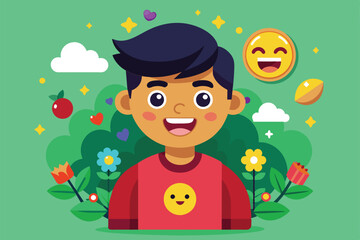 Poster - A cartoon illustration of a smiling boy surrounded by flowers and emojis, celebrating World Emoji Day, World emoji day Customizable Cartoon Illustration