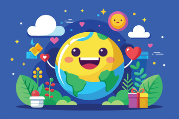 Sticker - A cheerful illustration of the Earth with a smiling face, surrounded by hearts and gifts, celebrating World Emoji Day, World emoji day Customizable Semi Flat Illustration