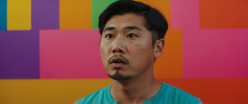 asian guy in colorful background looking confused and disappointed