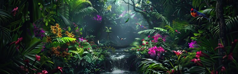 Wall Mural - Dark rainforest sun rays through the trees and birds digital illustration. AI generated illustration.