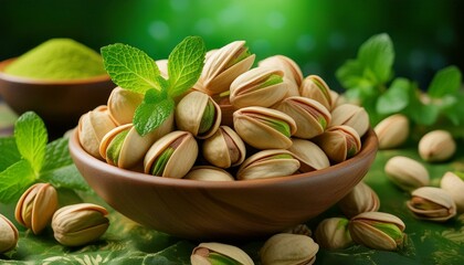 A bowl of pistachio garnished with crushed pistachios and a sprig of mint, The focus is set to highlight the pistachios, and the background is blurred to draw your eye to the delicious bowl.