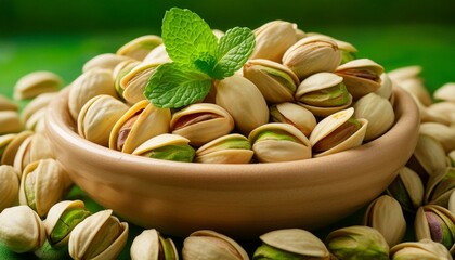 Wall Mural - A bowl of pistachio garnished with crushed pistachios and a sprig of mint, The focus is set to highlight the pistachios, and the background is blurred to draw your eye to the delicious bowl.