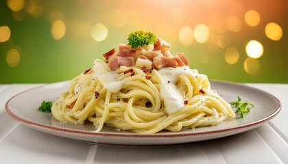 Wall Mural - A classic Italian spaghetti carbonara with a creamy sauce made from eggs, cheese, pancetta, and black pepper. 