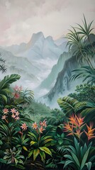 Wall Mural - Colorful tropical rainforest. palm leaves and other plants. Aloha textile collection. Tropical forest with dense vegetation of trees, shrubs and vines. AI generated illustration