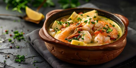 Wall Mural - Brazilian seafood stew with coconut milk and vegetables in clay pot. Concept Brazilian Cuisine, Seafood Recipes, Coconut Milk Dishes, Clay Pot Cooking, Brazilian Stews