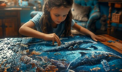 AI-generated illustration of a young girl assembling a colorful ocean-themed jigsaw puzzle at home.