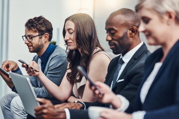 Poster - Technology, business people and waiting room for interview, hiring and career opportunity on phone. Group, hr candidate and queue for job search, preparation and human resources recruitment on laptop