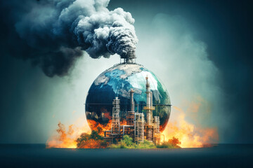 Wall Mural - An illustration depicting a globe engulfed in flames and smoke, symbolizing the harmful effects of industrial activity on our planet