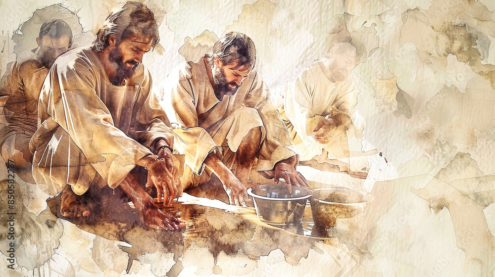 Jesus kneels before his disciples, gently washing their feet as a ...