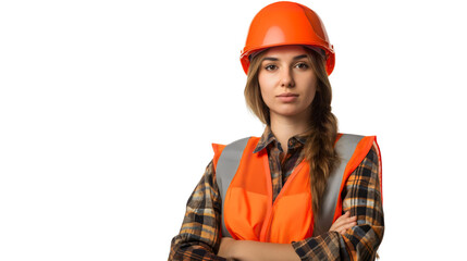 young woman wearing orange vest and protective hard hat or helmet, crossed arms and smile portrait, 