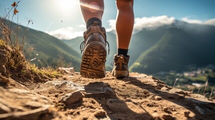 a of hiker , hiking up a mountain trail with one foot lifted off