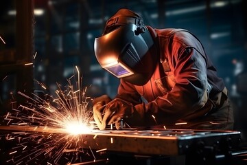 metal welder specialist working with arc welding machine, metalwork manufacturing.