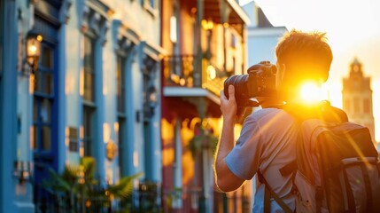 Wall Mural - A professional photographer capturing the facade of a historic downtown building during golden hour. 