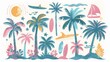 © Igbal - Summer palm trees, tropical illustrations, tropical surfing concept, surfboards, vacation and travel, palm trees and boards