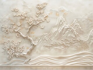 Wall Mural - Beautiful sakura tree and mountain 3d relief wallpaper. Mural wallpaper. Wall art. AI generated illustration.