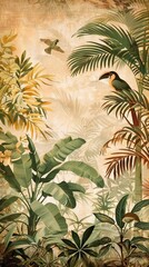 Wall Mural - Modern wallpaper. Watercolor jungle illustration. Crane bird elements, watercolor painting wallpaper. Mural wallpaper. AI generated illustration