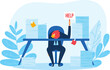 © Seahorsevector - Businessman overwhelmed work holding HELP sign. Cartoon character under stress due excessive tasks. Flat design office worker trouble workload