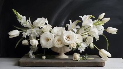 Beautiful bouquet of white flowers in a vase on an old wooden board on a black chalkboard background