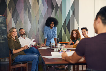 Canvas Print - Designer, people and listening in office for talking or vision sharing, campaign ideas and project planning. Team, creative and brainstorming for inspiration or workshop, conversation and diversity.