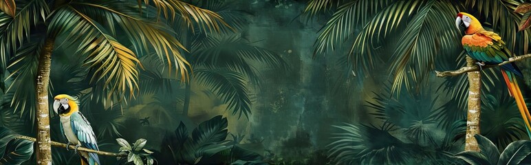 Wall Mural - Jungle mural wallpaper design with parrot, colorful design, tropical and exotic. AI generated illustration