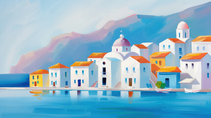 Impressionist painting of a picturesque Greek coastal village with white buildings, orange rooftops, and domed churches, reflected in the calm blue waters under a clear sky.