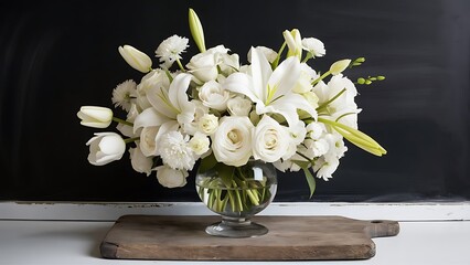 Beautiful bouquet of white flowers in a vase on an old wooden board on a black chalkboard background