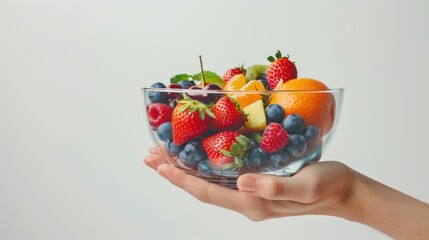 Wall Mural - Woman's hands delicately holding a glass bowl filled with an array of colorful fresh fruits like strawberries, blueberries, and oranges against a serene white backdrop. 