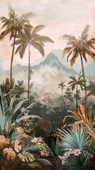 Wall Mural - Tropical forest landscape wallpaper design - Mural wallpaper - 3D illustration. AI generated illustration