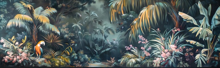 Wall Mural - Illustration of tropical wallpaper print design with palm banana leaves and exotic birds on canvas texture. Tropical plants and birds on textured background. AI generated illustration