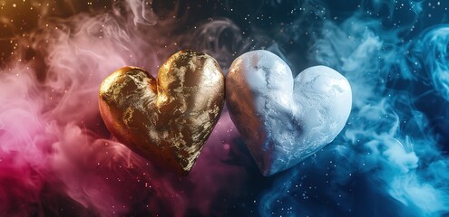 Two gold and blue hearts with a black background and a pink and blue mist effect