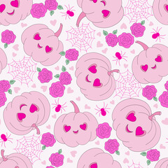 Wall Mural - Pink Plastic Doll Pumpkin Rose flower Cobweb Spider vector seamless pattern. Pinky Girl Halloween vibes background.