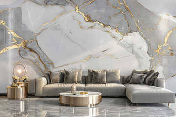 3d wallpaper white marble with golden veins and grey sofa luxury interior design. Created with Ai