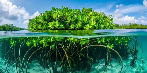Wall Mural - Tranquil Scene Underwater Mangrove Roots and Lush Green Foliage. Concept Underwater Photography, Mangrove Ecosystem, Lush Greenery, Tranquil Scene